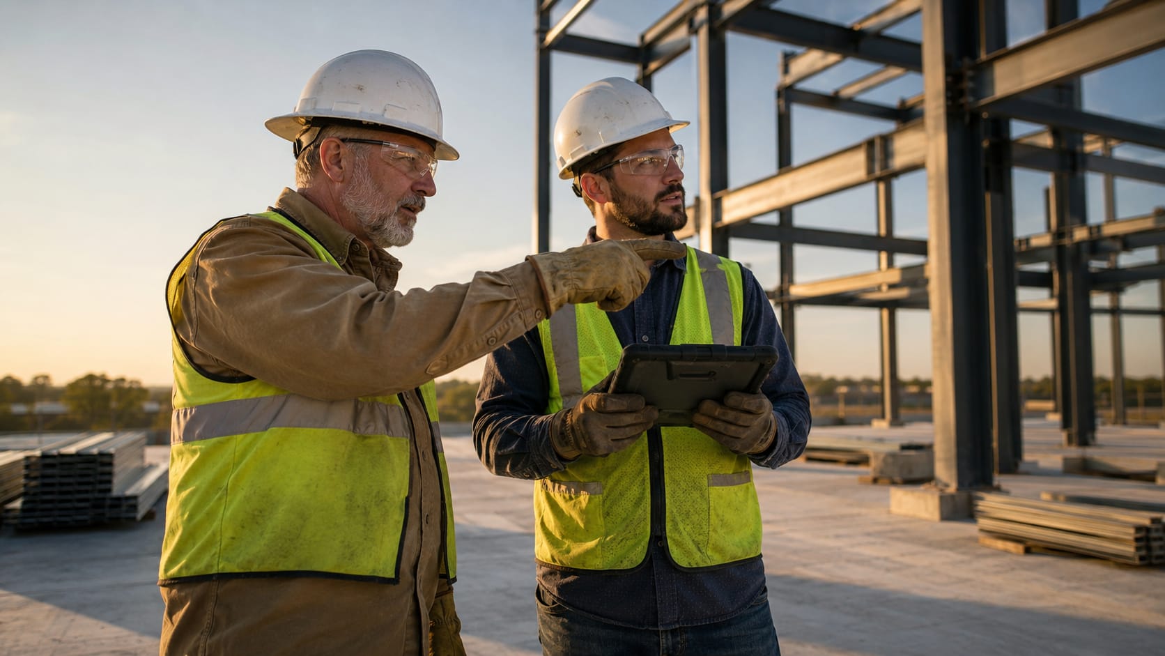 Contractor and Precision rep reviewing project requirements